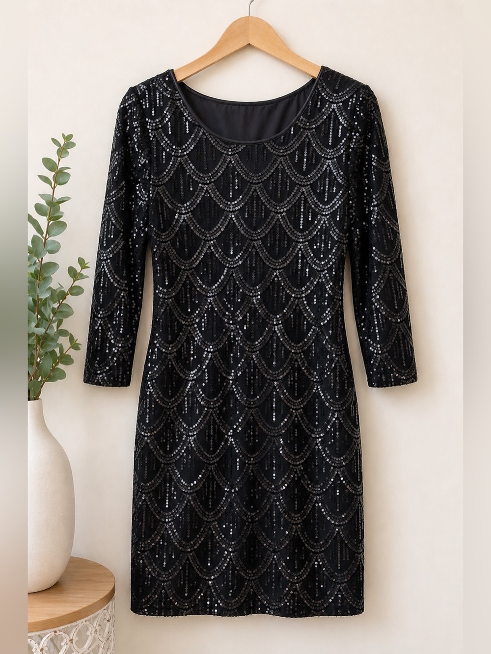 Express Black Sequin Mesh Dress Mini Bodycon 3/4 Sleeve Party Cocktail Small